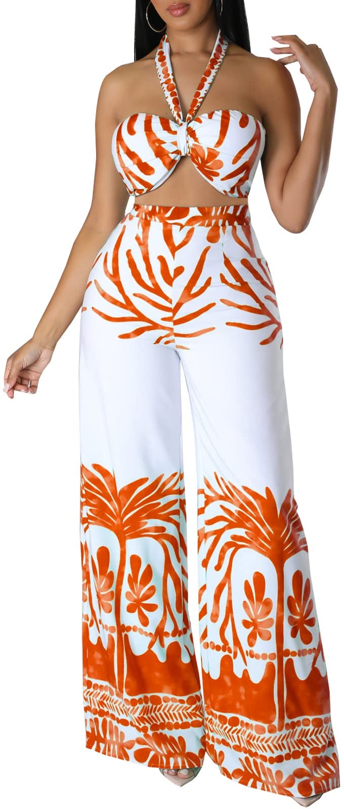 sexycherry Women's Sexy 2 Piece Swimwear Cover Ups Summer Elegant Sleeveless Tie Front Strapless Tube Crop Top with Bandage Tropical Print Straight Long Pants Sets Boho for Beach Party(Medium) Orange - Image 4