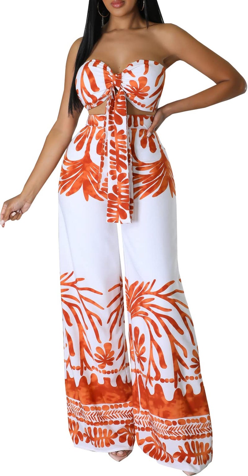 sexycherry Women's Sexy 2 Piece Swimwear Cover Ups Summer Elegant Sleeveless Tie Front Strapless Tube Crop Top with Bandage Tropical Print Straight Long Pants Sets Boho for Beach Party(Medium) Orange - Image 3