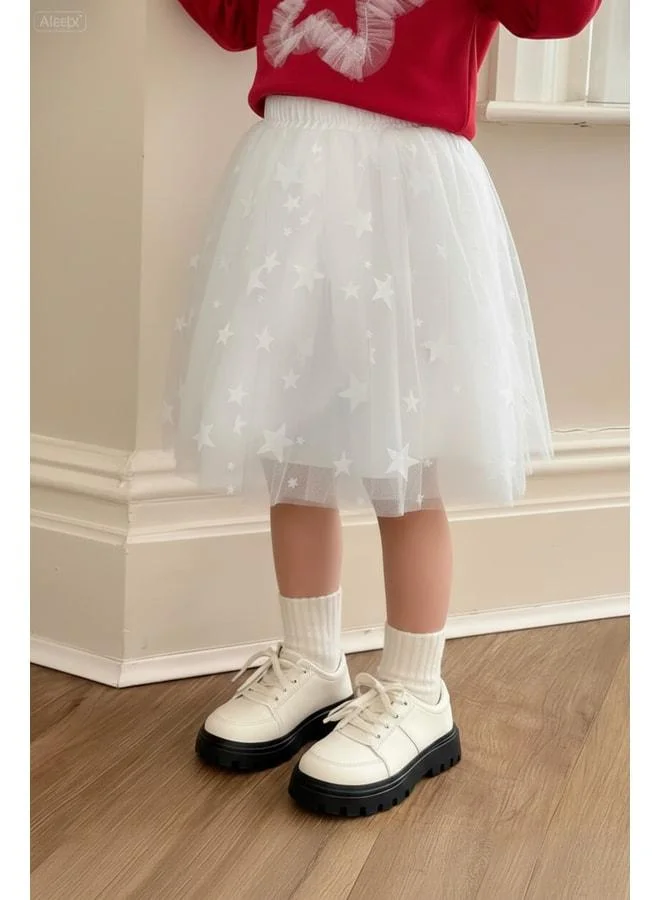 Magu Girls' Cotton Red Star Appliqué Set with White Tulle Skirt - 2-Piece Set