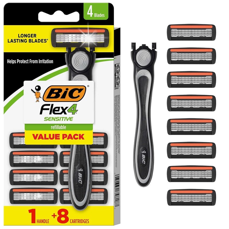 BIC Flex 4 Refillable Razors for Men, Long-Lasting 4 Blade Razor Refills for Sensitive Skin, 10 Razor Cartridges