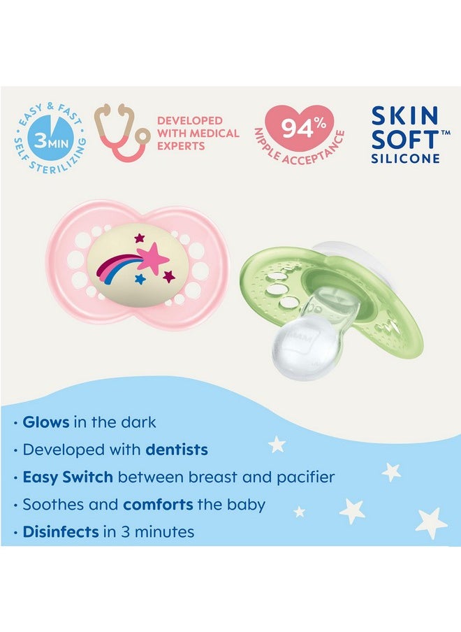 MAM MAM Night Pacifiers (2 Count), MAM Pacifiers 6+ Months, Best Pacifier for Breastfed Babies, Glow in the Dark Pacifier, Baby Girl Pacifier (Design may vary), 6-16 (Pack of 2)  - Image 2