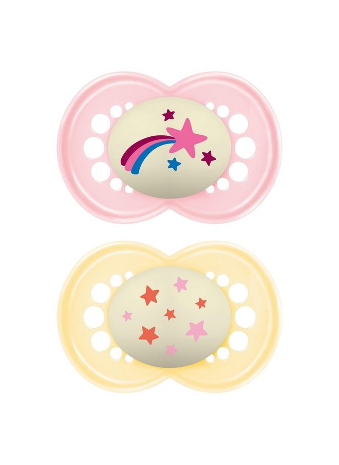 MAM MAM Night Pacifiers (2 Count), MAM Pacifiers 6+ Months, Best Pacifier for Breastfed Babies, Glow in the Dark Pacifier, Baby Girl Pacifier (Design may vary), 6-16 (Pack of 2)  - Image 1