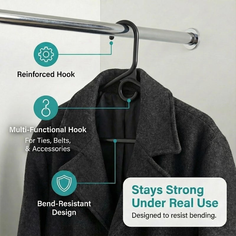 DEILSYâ„¢ Black Heavy Duty Hangers with Hooks for Scarves & Belts â€“ Thick and Strong Clothes Hangers for Shirts, Jackets, Pants, and Dresses â€“ Space-Saving Plastic Hangers â€“ Pack of 10 - Image 4