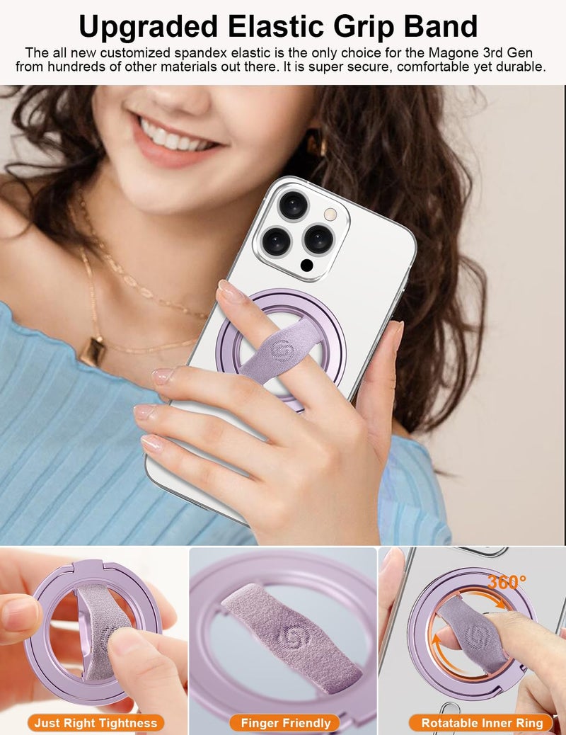 EWA MagOne 3rd Gen [Compatible with MagSafe] Phone Grip Stand with Finger Strap, Removable Magnetic Ring Holder Kickstand Loop for iPhone 16,15, 14, 13, 12 Series-(Purple) - Image 3