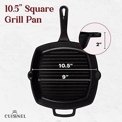 Cuisinel Cast Iron Grill Pan + Rectangular Cast Iron Grill Press + Tempered Glass Lid + Pan Scraper – Pre-Seasoned Ribbed Skillet – 10.5"-Inch Square Grilling Indoor/Outdoor Camping Fire BBQ Cookware - Image 4