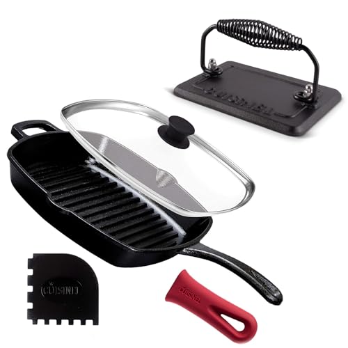 Cuisinel Cast Iron Grill Pan + Rectangular Cast Iron Grill Press + Tempered Glass Lid + Pan Scraper – Pre-Seasoned Ribbed Skillet – 10.5"-Inch Square Grilling Indoor/Outdoor Camping Fire BBQ Cookware - Image 1