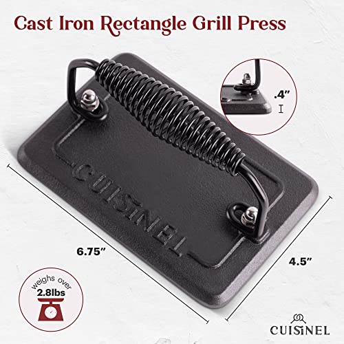 Cuisinel Cast Iron Grill Pan + Rectangular Cast Iron Grill Press + Tempered Glass Lid + Pan Scraper – Pre-Seasoned Ribbed Skillet – 10.5"-Inch Square Grilling Indoor/Outdoor Camping Fire BBQ Cookware - Image 3