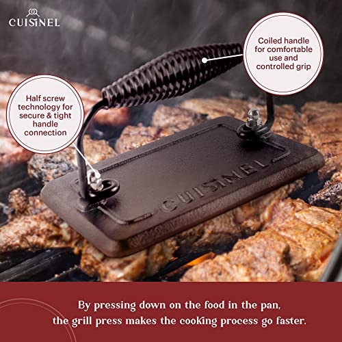 Cuisinel Cast Iron Grill Pan + Rectangular Cast Iron Grill Press + Tempered Glass Lid + Pan Scraper – Pre-Seasoned Ribbed Skillet – 10.5"-Inch Square Grilling Indoor/Outdoor Camping Fire BBQ Cookware - Image 5