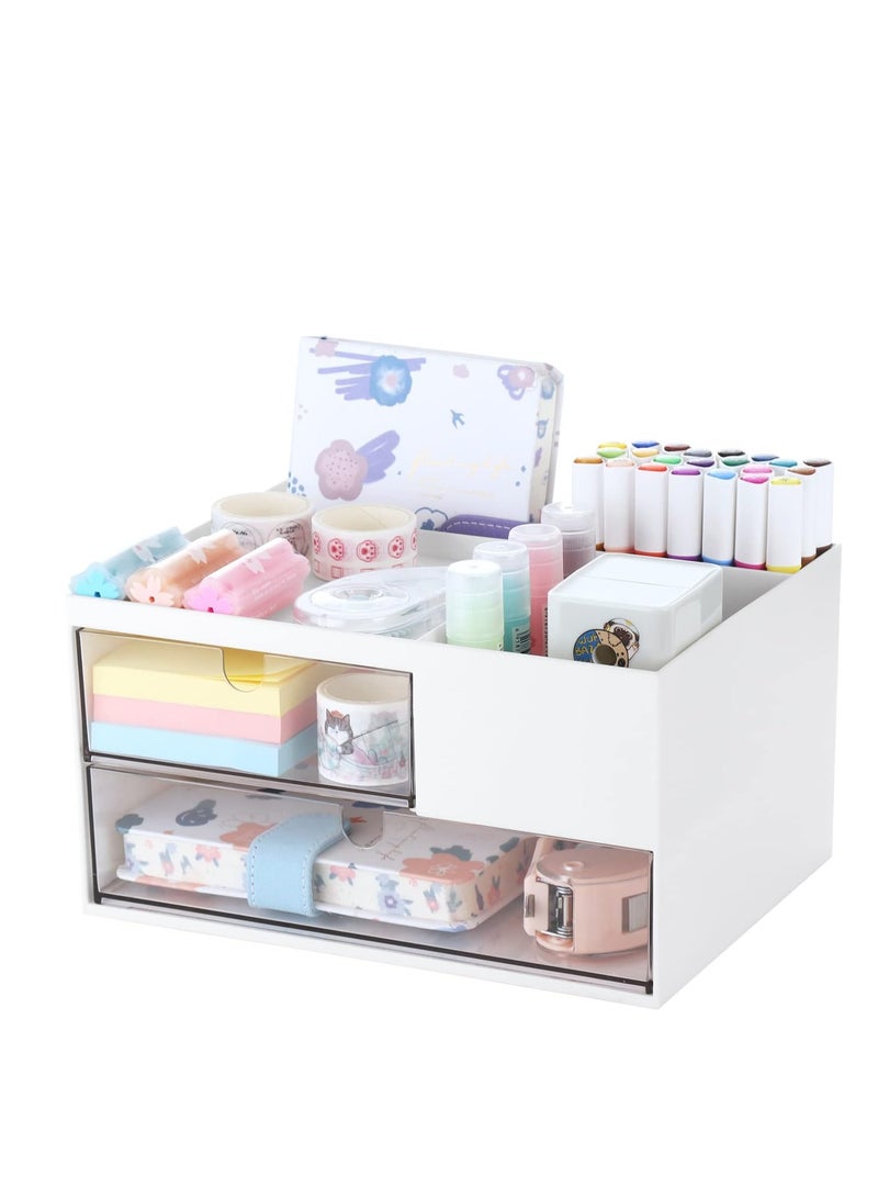 KASTWAVE Desk Organizer, with 2 Drawer and 4 Compartments, Makeup Stationery Vanity Organizer, Desktop Accessories, Desk Decor Aesthetic Multifunctional for Office, School, Home, 1 Pcs, White - Image 1