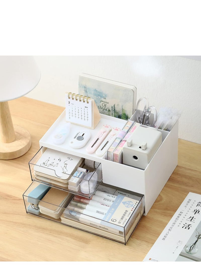 KASTWAVE Desk Organizer, with 2 Drawer and 4 Compartments, Makeup Stationery Vanity Organizer, Desktop Accessories, Desk Decor Aesthetic Multifunctional for Office, School, Home, 1 Pcs, White - Image 3