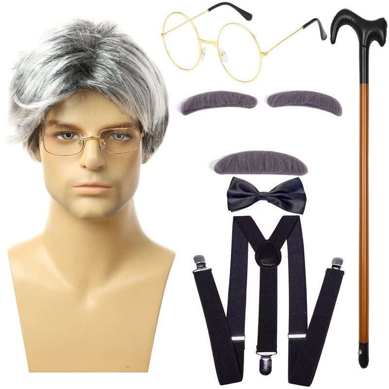 Generic Halloween Kids Grandpa Cosplay Wig Vest Beard Old man suit eight-piece set