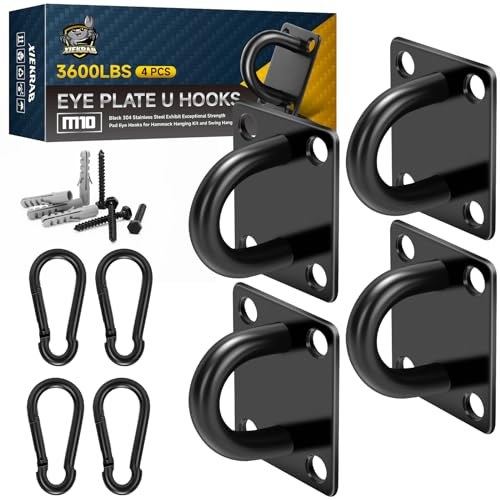 XIEKRAB Stainless Steel Heavy Duty Ceiling Hooks 4-Pack, M10 Pad Eye Hook with Snap Hooks, Eye Hooks Heavy Duty Mounting Plate, Swing Hooks for Indoor/Outdoor Use with Screws & Expansion Tubes - Image 1