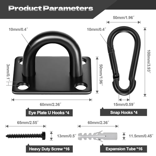 XIEKRAB Stainless Steel Heavy Duty Ceiling Hooks 4-Pack, M10 Pad Eye Hook with Snap Hooks, Eye Hooks Heavy Duty Mounting Plate, Swing Hooks for Indoor/Outdoor Use with Screws & Expansion Tubes - Image 2