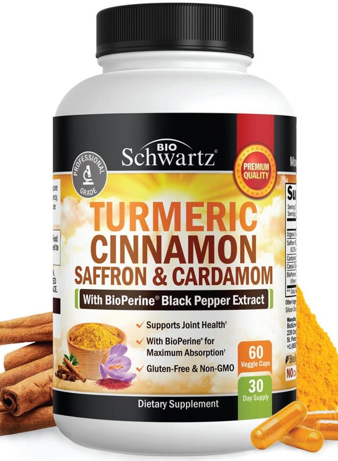 BioSchwartz Turmeric Supplement with Saffron, Cinnamon and Cardamom Plus BioPerine Black Pepper Extract for Optimal Absorption, Natural Tumeric Curcumin Joint Support Supplement for Women and Men, 60 Capsules - Image 1