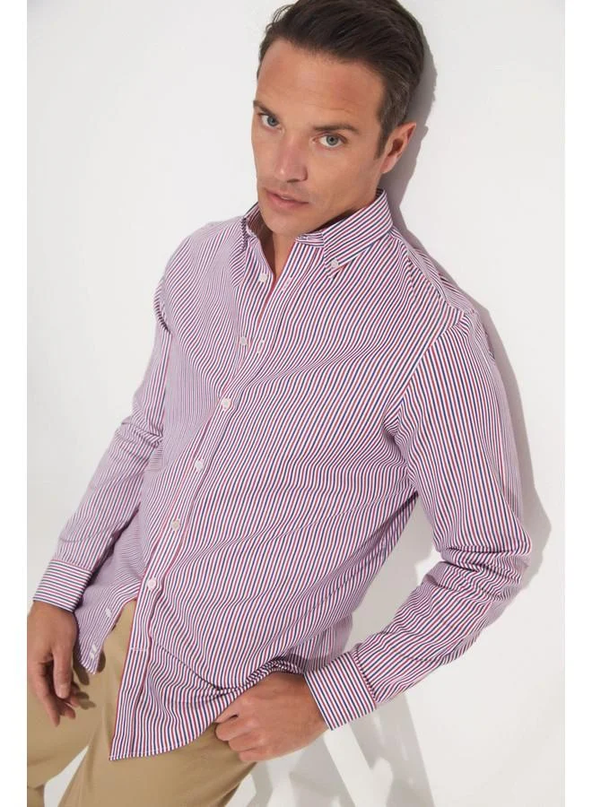 JUNE June Exclusive Men Regular Fit 100% Cotton Striped Shirt White - Navy