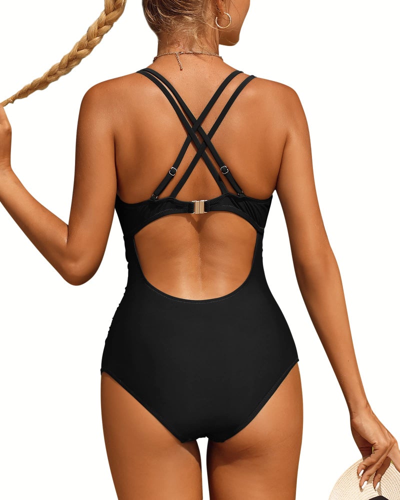 Charmo Tummy Control One Piece Swimsuits for Women Ruched Bathing Suit Padded High Cut Monokini Black Small - Image 2