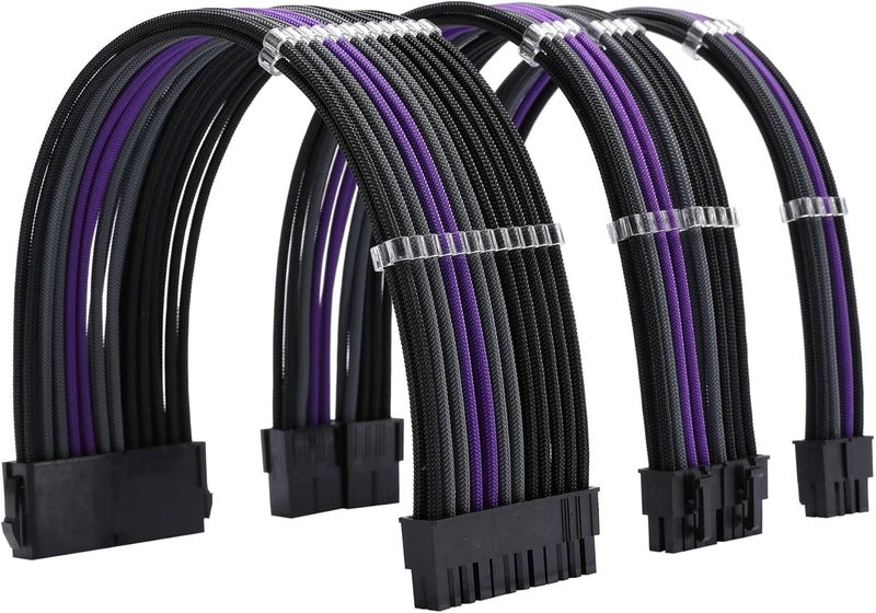 Formulamod Sleeve Extension Power Supply Cable Kit 18AWG ATX 24P+ EPS 8-P+PCI-E8-P with Combs for PSU to Motherboard/GPU Fm-NCK3 (Black Grey Purple) - Image 1