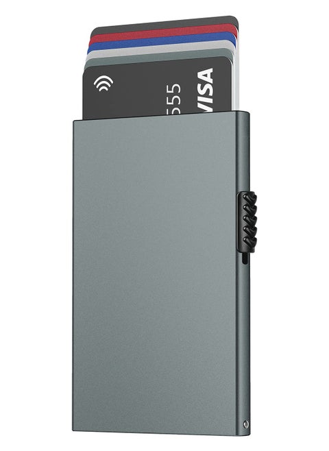Slim RFID Blocking Metal Card Holder Wallet for Men and Women - Pop Up Credit Card Case in Space Grey - Minimalist Design for Easy Access and Protection.