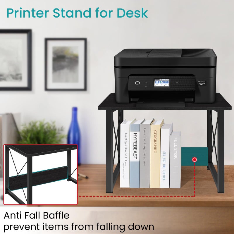 ELITEROO Desktop Printer Stand With Storage, Table Stand Small Desk Shelves Organizer for Home/Office, Multi-Purpose Heavy Duty Riser for Fax Machine Copier Scanner (Black) - Image 2