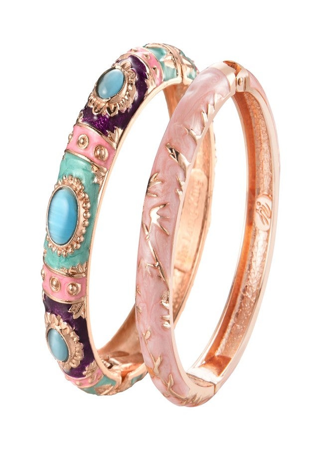 UJOY Vintage Cloisonne Jewelry Bracelet Plated Handmade Bead Rhinestones Enamel Spring Cuff Bangles 2 Pcs Set for Womens Gift 7735-55A117 Blue Pink - Image 1