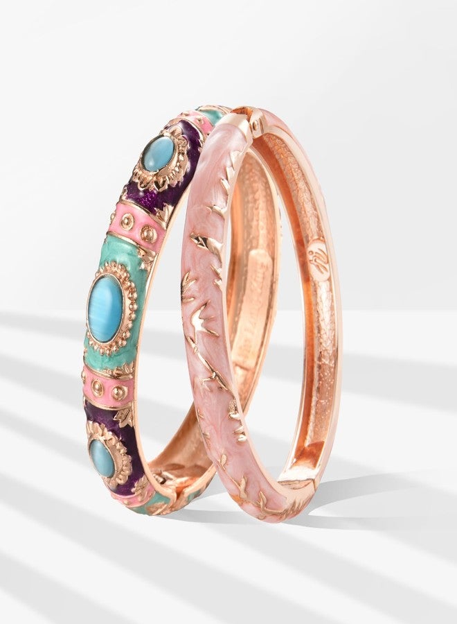 UJOY Vintage Cloisonne Jewelry Bracelet Plated Handmade Bead Rhinestones Enamel Spring Cuff Bangles 2 Pcs Set for Womens Gift 7735-55A117 Blue Pink - Image 2