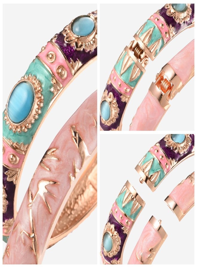 UJOY Vintage Cloisonne Jewelry Bracelet Plated Handmade Bead Rhinestones Enamel Spring Cuff Bangles 2 Pcs Set for Womens Gift 7735-55A117 Blue Pink - Image 4
