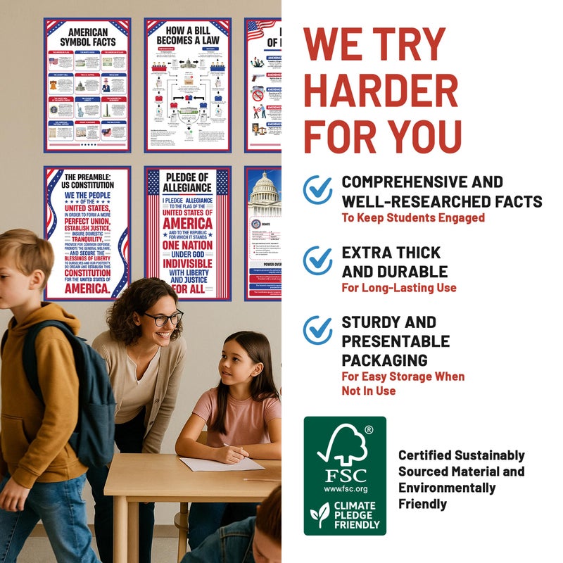 Decorably 18 US Government Posters for Classroom, 11x17in Matte-Laminated Educational Bill of Rights Poster for Classroom, School Hallways, Bulletin Boards, Home Study Room - Image 2