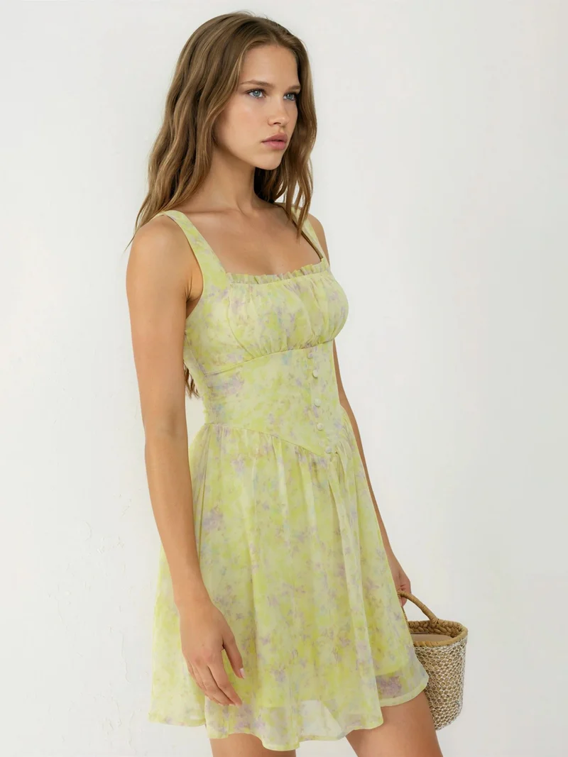 Busem Green BUSEM Floral Square Collar Mini Dress for Women | Best Price UAE