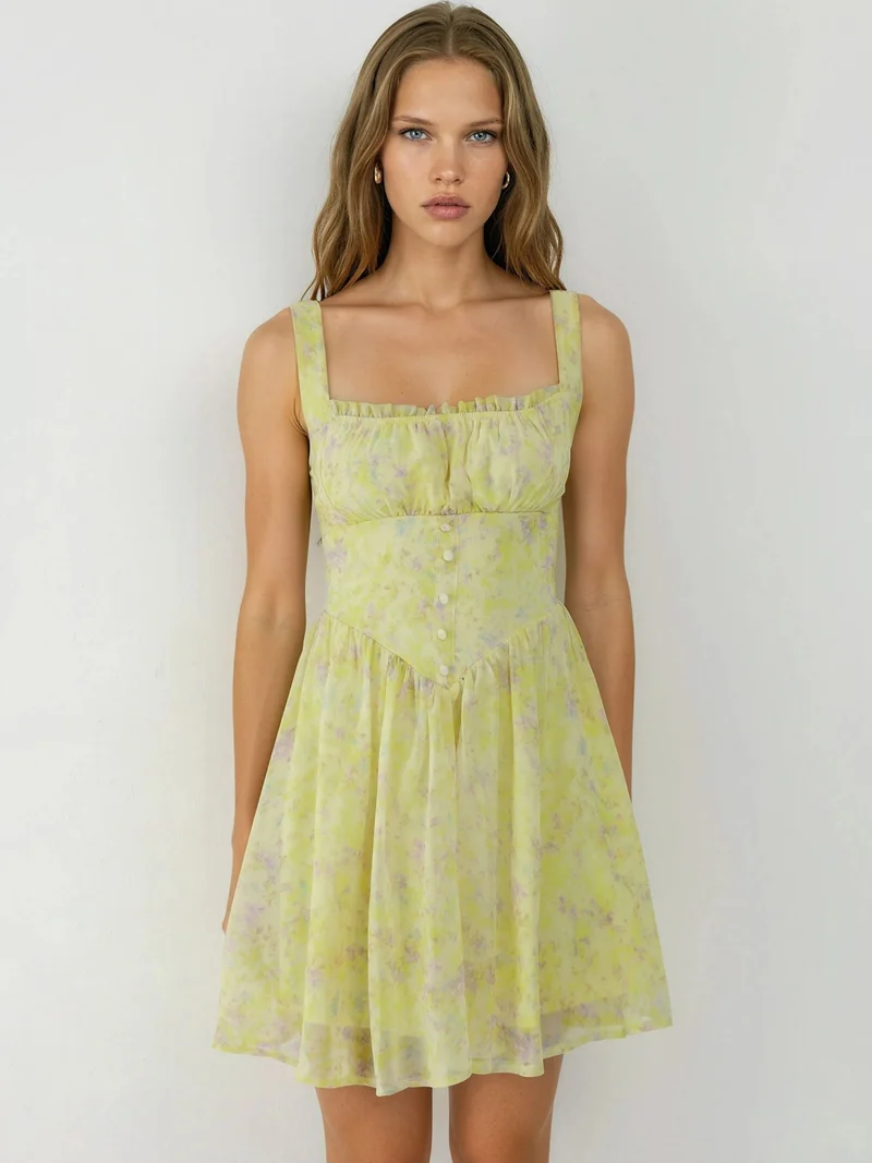 Busem Green BUSEM Floral Square Collar Mini Dress for Women | Best Price UAE
