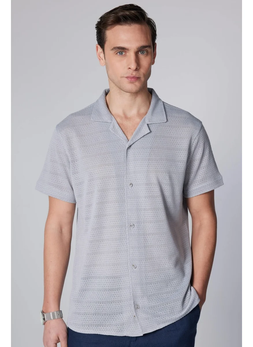 Tudors Slim Fit Short Sleeve Narrow Cut Open Collar Knitted Fabric Summer Gray Men's Shirt