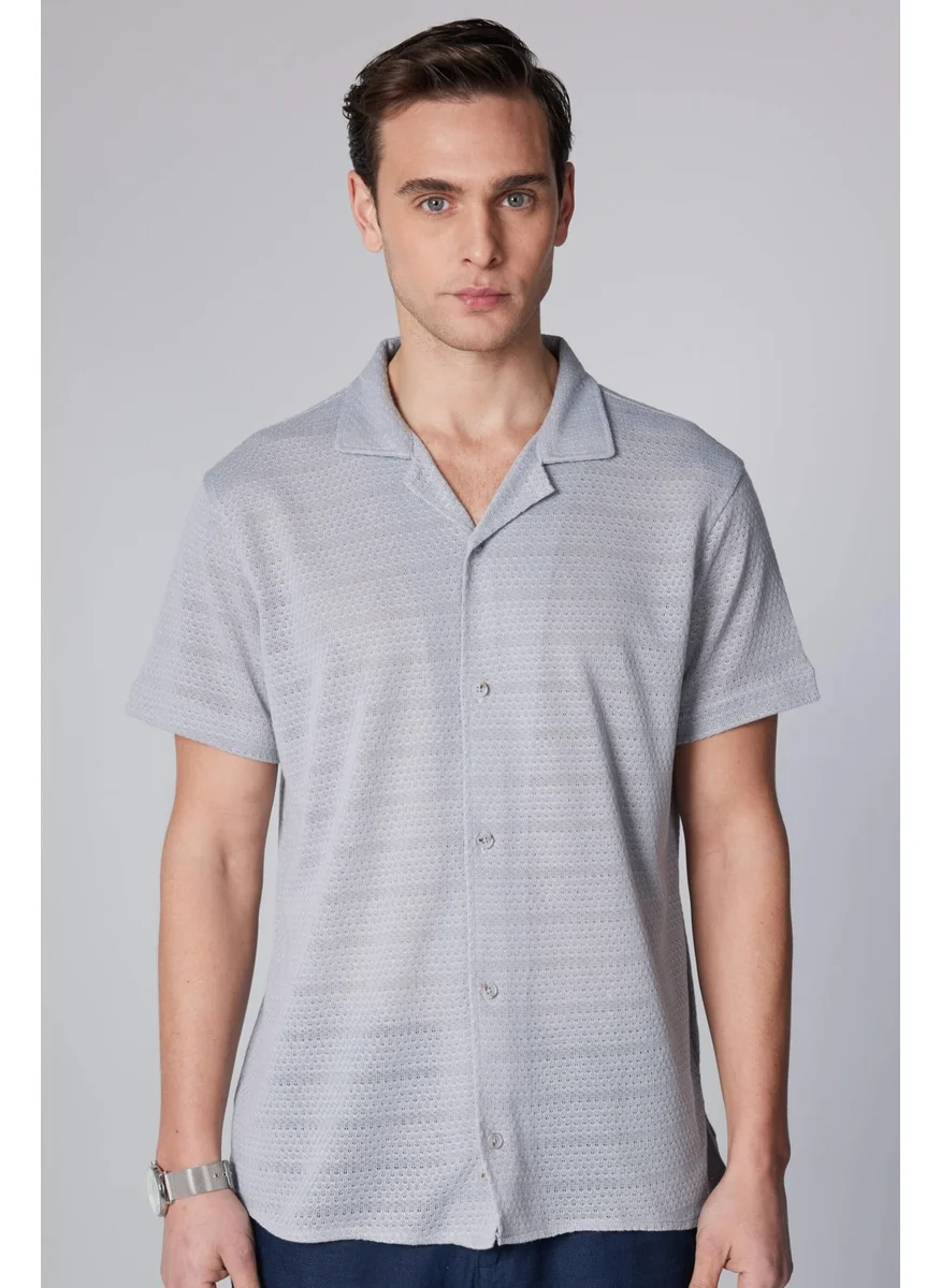 Tudors Slim Fit Short Sleeve Narrow Cut Open Collar Knitted Fabric Summer Gray Men's Shirt