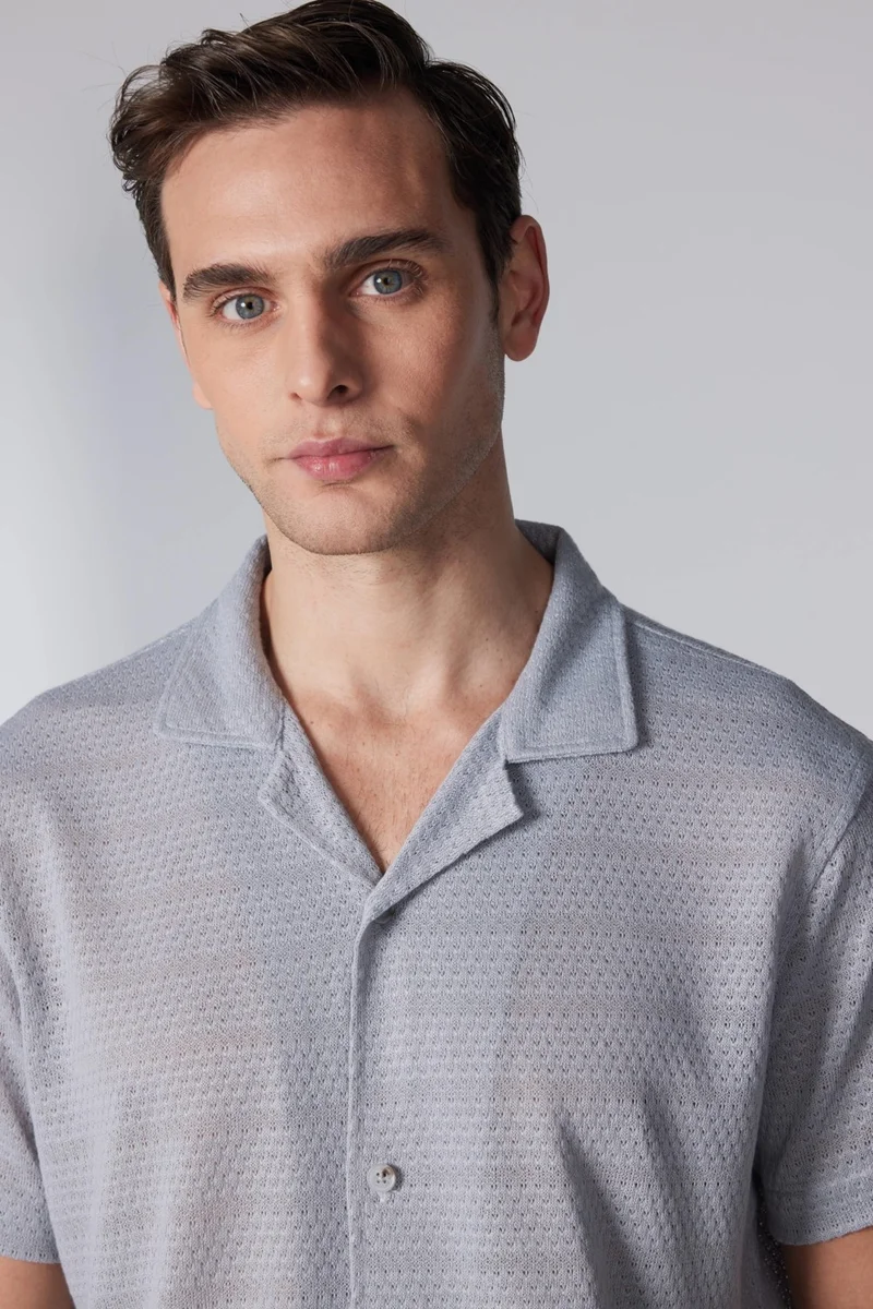 تودورس Slim Fit Short Sleeve Narrow Cut Open Collar Knitted Fabric Summer Gray Men's Shirt