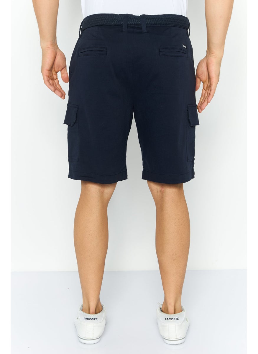 Threadbare Men Stretch Fit Plain Belted Chino Shorts, Navy  - Image 4