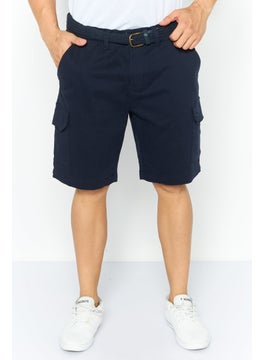 Threadbare Men Stretch Fit Plain Belted Chino Shorts, Navy  - Image 1