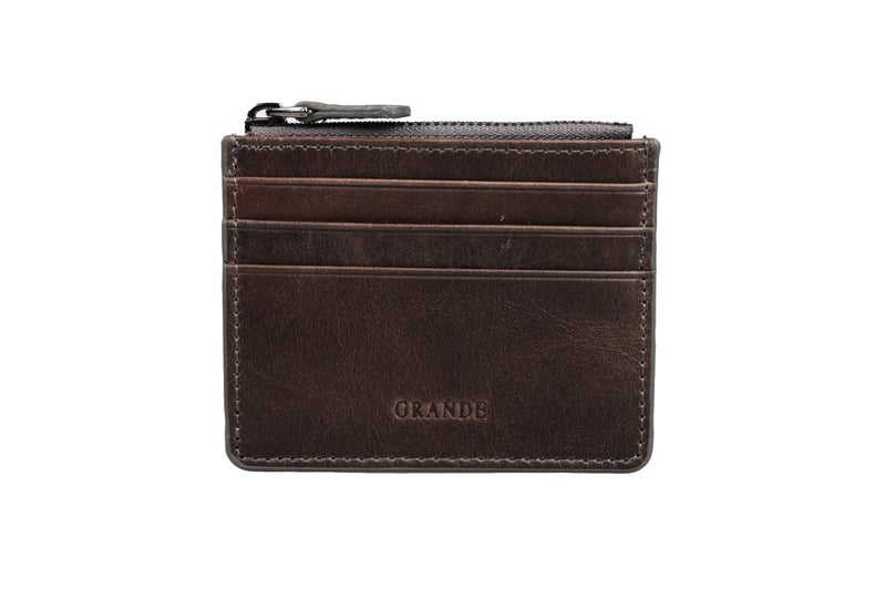 grande 3603 Genuine Leather Card Holder For Women and Men Slim Minimalist Small Zipper Wallet RUSTIC GRAY - Image 2