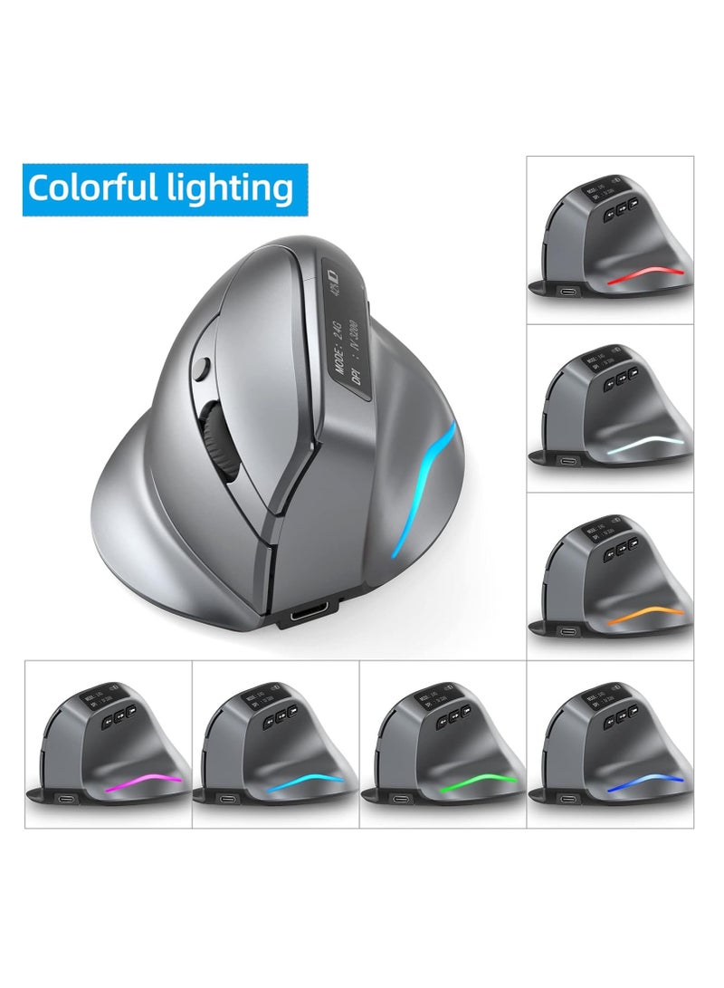 F-26C 2.4G Wireless Vertical Ergonomic Bluetooth Optical Mouse, 4 DPI Adjustment 1000/1600/2400/3200 7 Color Lights with LED Screen Display Suitable for Game Player PC Laptop, Grey - Image 5
