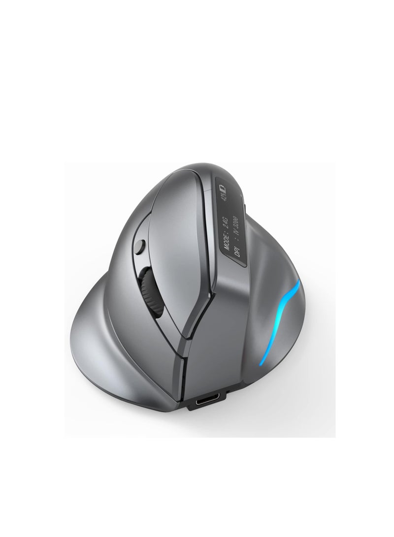 F-26C 2.4G Wireless Vertical Ergonomic Bluetooth Optical Mouse, 4 DPI Adjustment 1000/1600/2400/3200 7 Color Lights with LED Screen Display Suitable for Game Player PC Laptop, Grey - Image 1