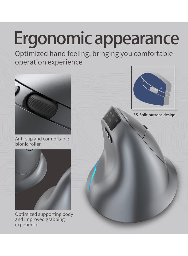 F-26C 2.4G Wireless Vertical Ergonomic Bluetooth Optical Mouse, 4 DPI Adjustment 1000/1600/2400/3200 7 Color Lights with LED Screen Display Suitable for Game Player PC Laptop, Grey - Image 4