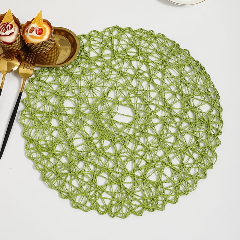 IcosaMro Grass Green Round Placemats Set of 6 for Dining Table 15 Inch Paper Woven Boho Decorative Circle Place Mat for Wedding Christmas Thanksgiving Day Holiday Dinner Grass Green - Image 5