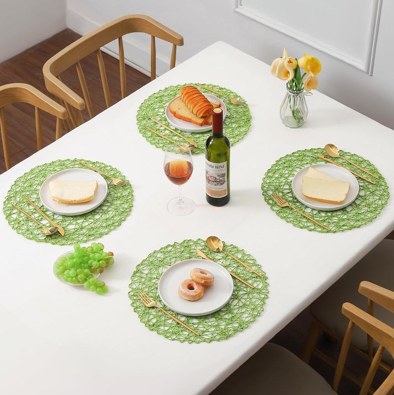 IcosaMro Grass Green Round Placemats Set of 6 for Dining Table 15 Inch Paper Woven Boho Decorative Circle Place Mat for Wedding Christmas Thanksgiving Day Holiday Dinner Grass Green - Image 3