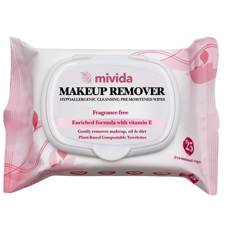 mivida Hypoallergenic Makeup Remover Wipes With Vitamin E, Alcohol Free & Fragrance Free Makeup Wipes For Sensitive Skin, Plant Based Make up Remover, Travel Friendly 25 Count - Image 1