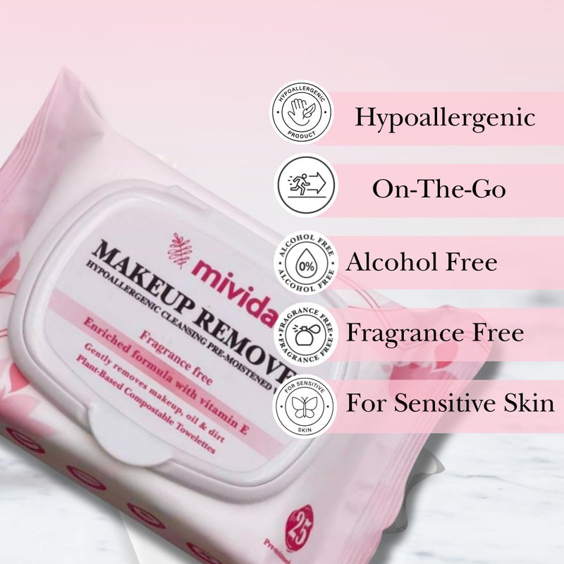 mivida Hypoallergenic Makeup Remover Wipes With Vitamin E, Alcohol Free & Fragrance Free Makeup Wipes For Sensitive Skin, Plant Based Make up Remover, Travel Friendly 25 Count - Image 3