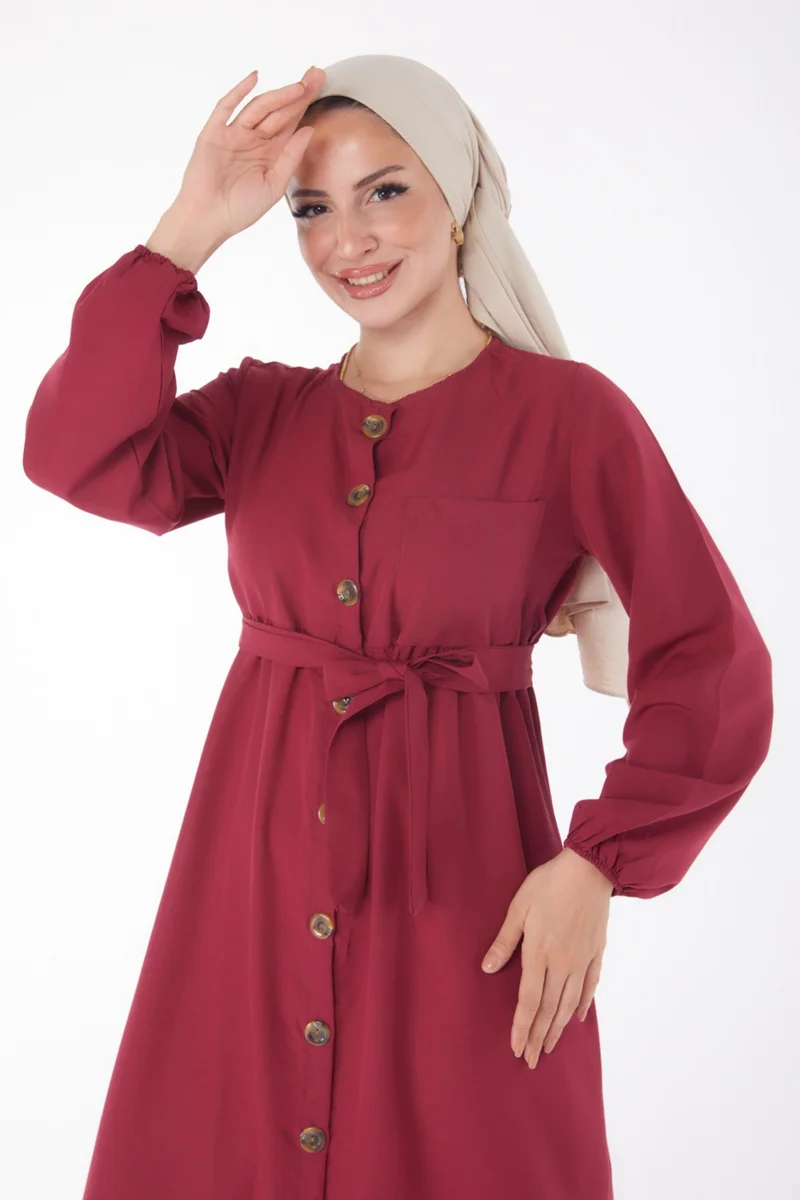 Tofisa Plain Crew Neck Women's Burgundy Dress - 13206