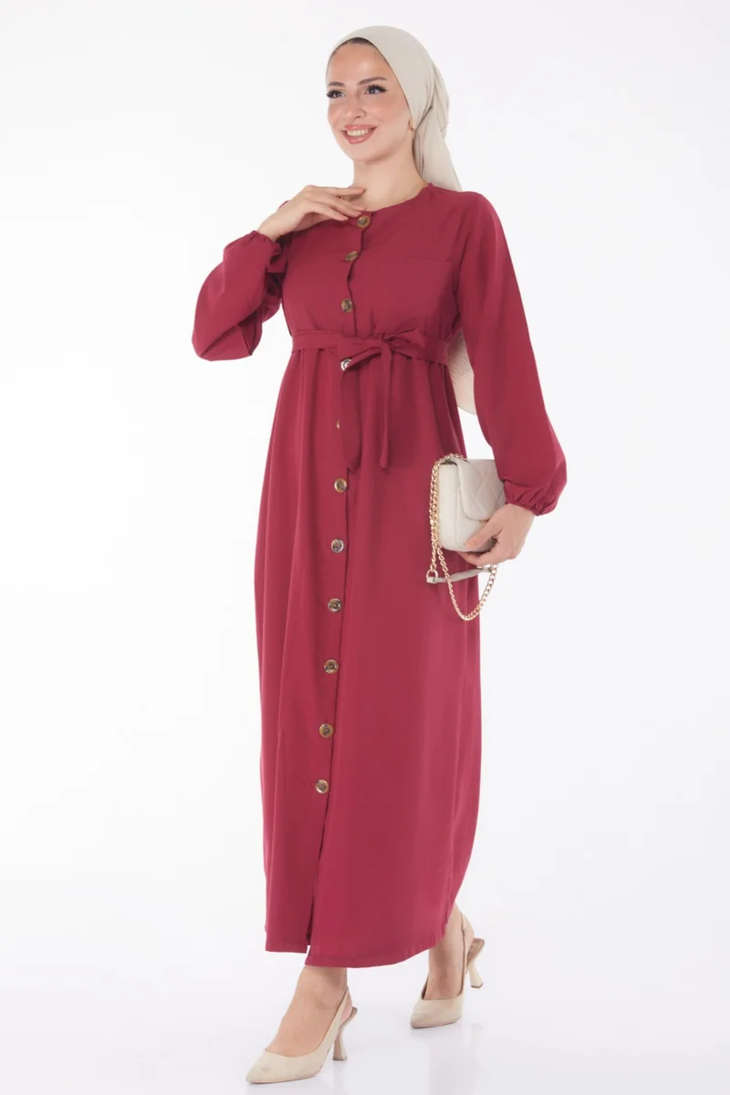 Tofisa Plain Crew Neck Women's Burgundy Dress - 13206