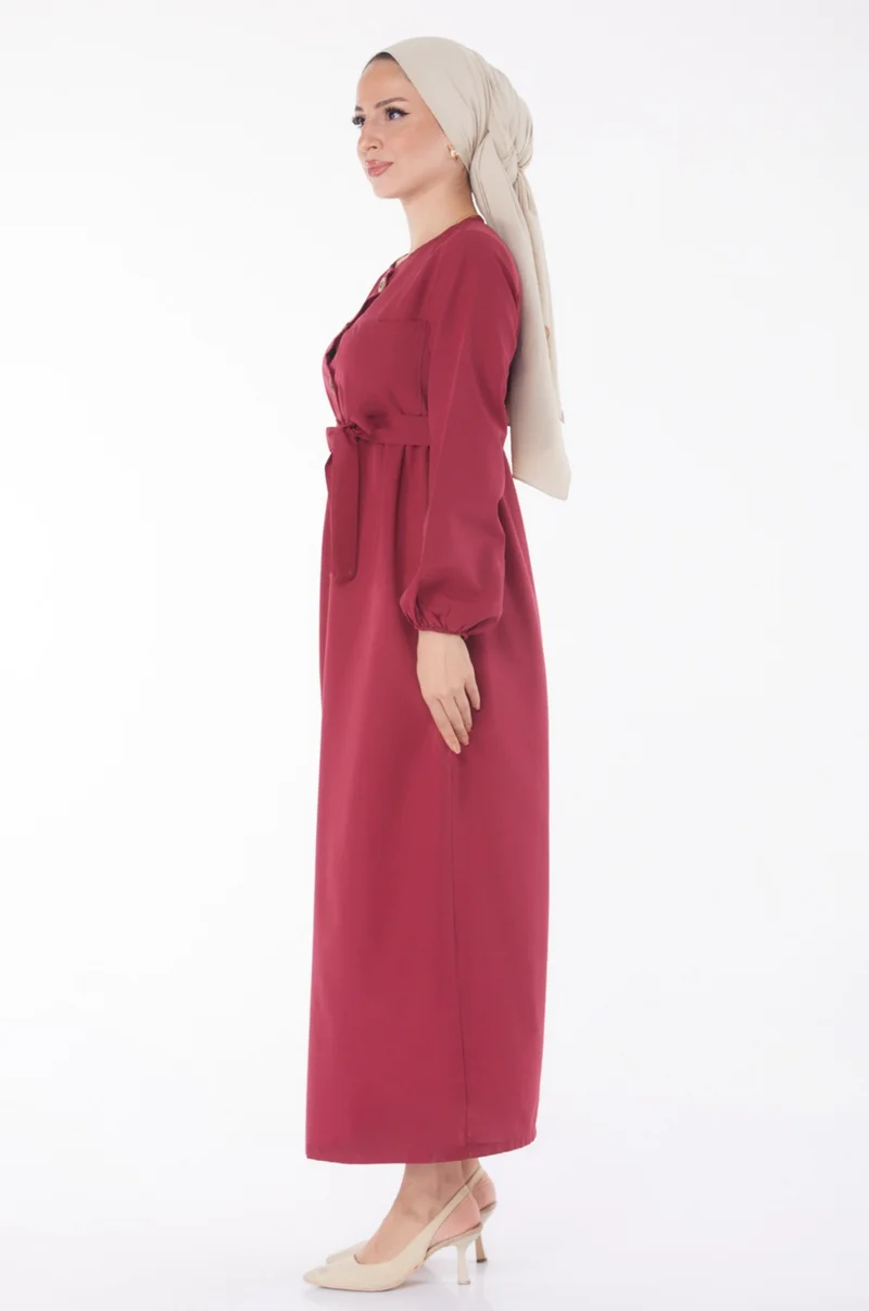 Tofisa Plain Crew Neck Women's Burgundy Dress - 13206