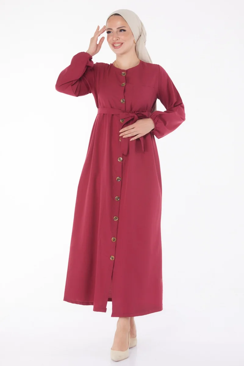 Tofisa Plain Crew Neck Women's Burgundy Dress - 13206