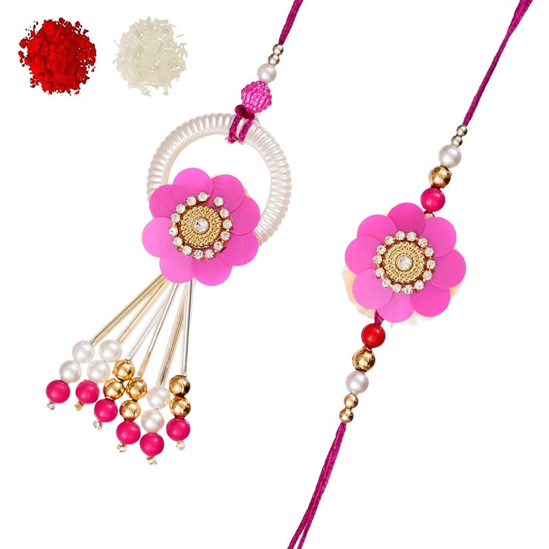 iinfinize Rakhi for Brother and Bhabhi | Floral Pearl Beads Work Decorative Lumba Rakhi Set For Bhaiya Sister In Law | Designer Bracelet For Raksha Bandhan Festival With Roli Chawal - Image 1