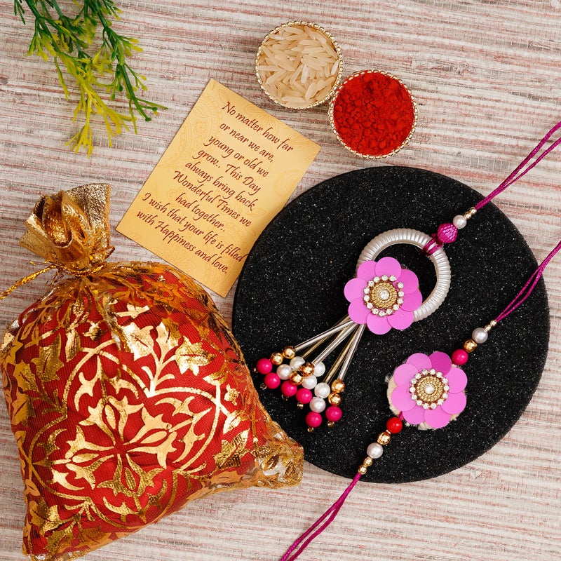 iinfinize Rakhi for Brother and Bhabhi | Floral Pearl Beads Work Decorative Lumba Rakhi Set For Bhaiya Sister In Law | Designer Bracelet For Raksha Bandhan Festival With Roli Chawal - Image 2