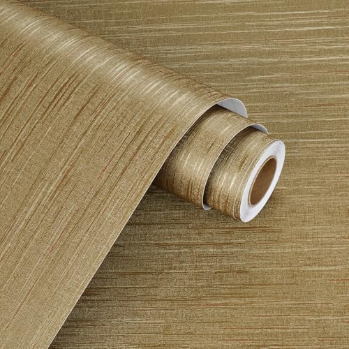 WESTICK Brown Gold Grasscloth Wallpaper Textured Self Adhesive Vintage Grass Cloth Gold Wallpaper Peel and Stick Waterproof Grassclotch Gold Contact Paper for Bathroom Living Room Walls 158x200 - Image 1