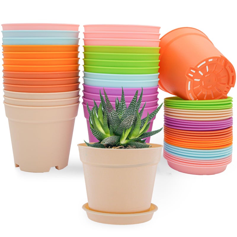 SwinDuck 4 inch Plant Pots, 28 Pack Small Plastic Planters with Drainage Holes and Saucers for Flowers Plants, Succulents, Seed Starting Pots, Colorful - Image 1